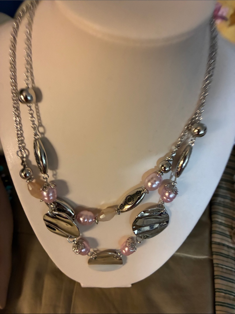Silver Tone Necklace with Pink Pearls